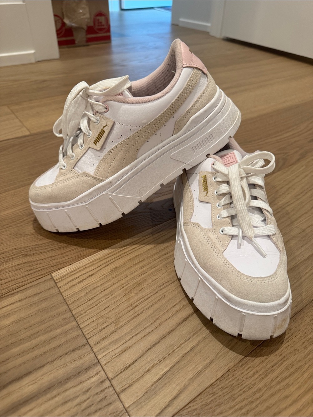 Puma Women’s Chunky Platform Sneakers — White, Beige & Pink